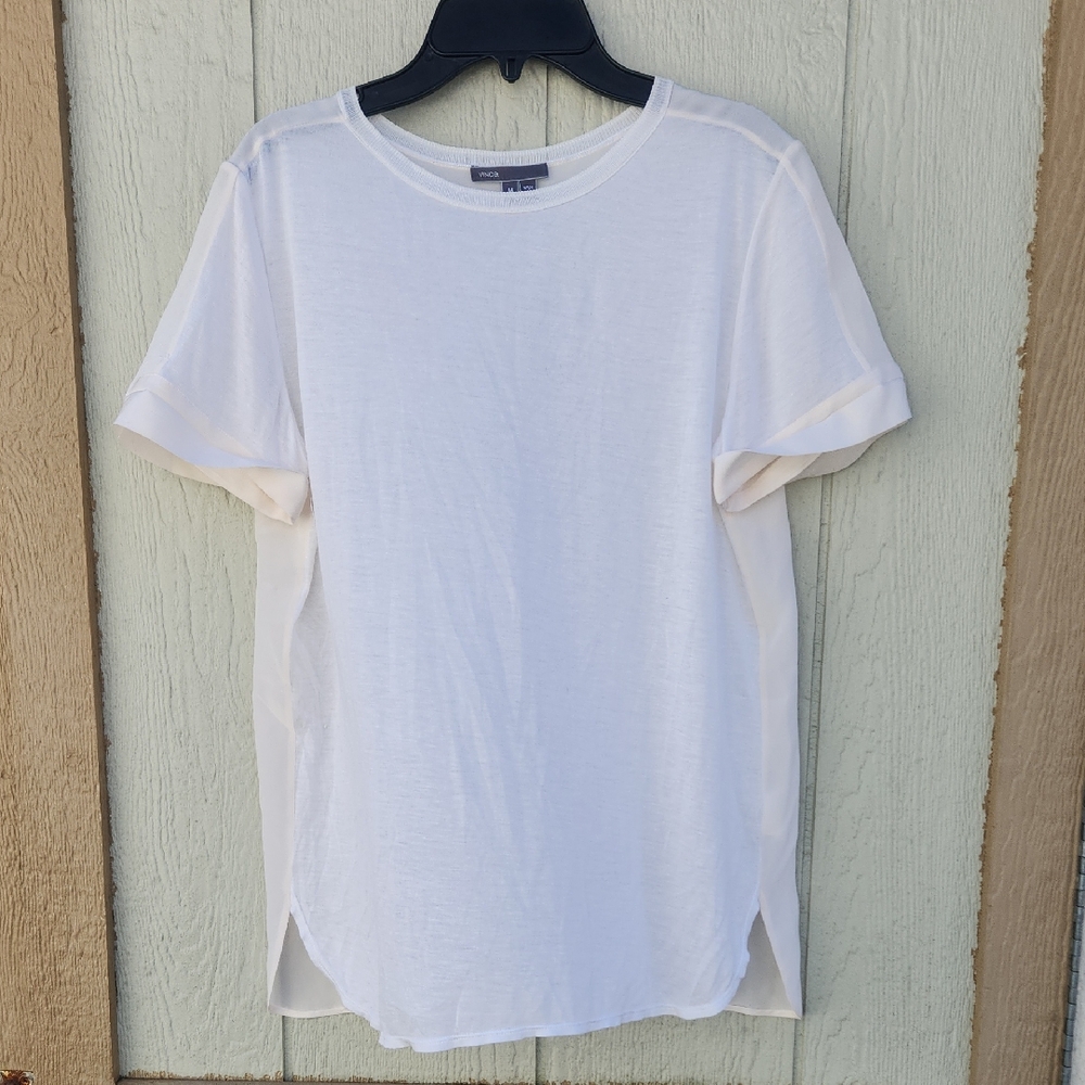Vince Silk Cashmere Mixed Media Short Sleeve Rich Mom Luxury Cream Neutral - Picture 1 of 5